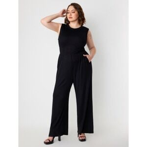 Wide Leg Jumpsuit Solid Black Sleeveless Jersey Stretch Pockets Curvy